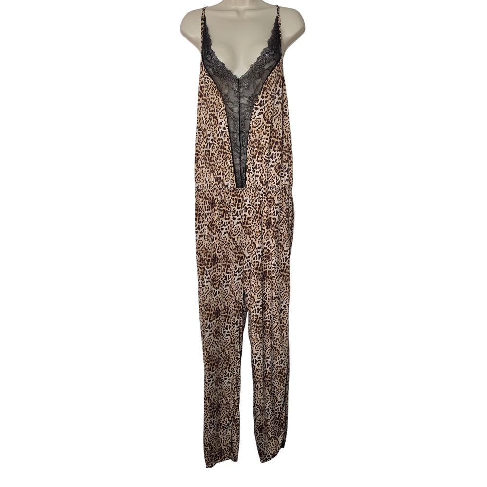 Fashion Nova Jumpsuit Women L/XL Brown Leopard Print Lace Trim Open Back Strappy